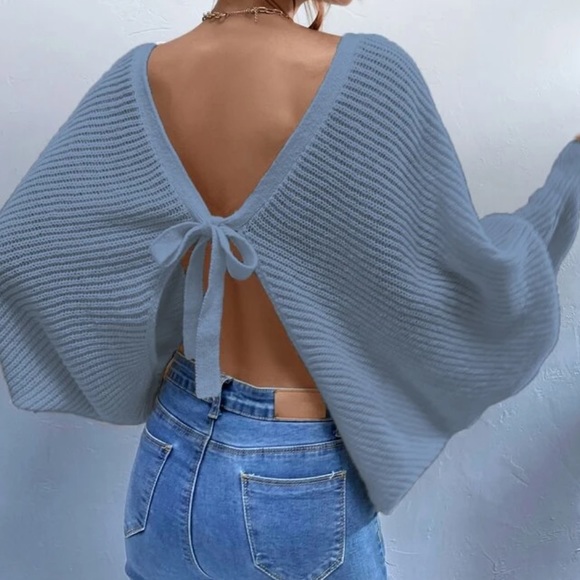 Dusty blue knit open tie back sweater top - Picture 2 of 6